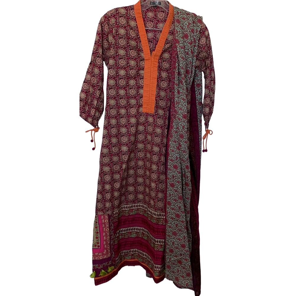 J. PRETWEAR 3- PC. SALWAR KAMEEZ, TROUSER-STOLE, WOMENS, S, PURPLE ORANGE